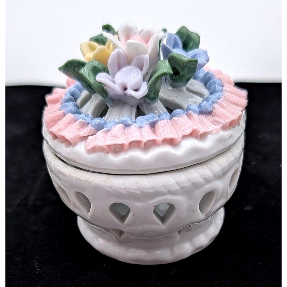 Vintage Porcelain Floral Trinket Box Reticulated Pierced Ceramic Jewelry Jar